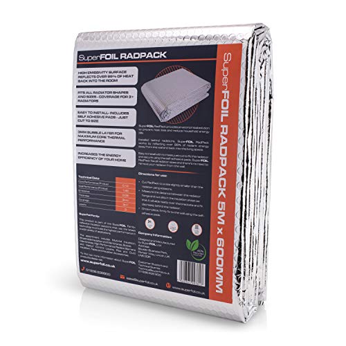 Superfoil Radpack Radiator Insulation Reflective Foil - 0.6m X 5m - Enhances Radiator Efficiency - Easy to Install, Adhesive Pads Included