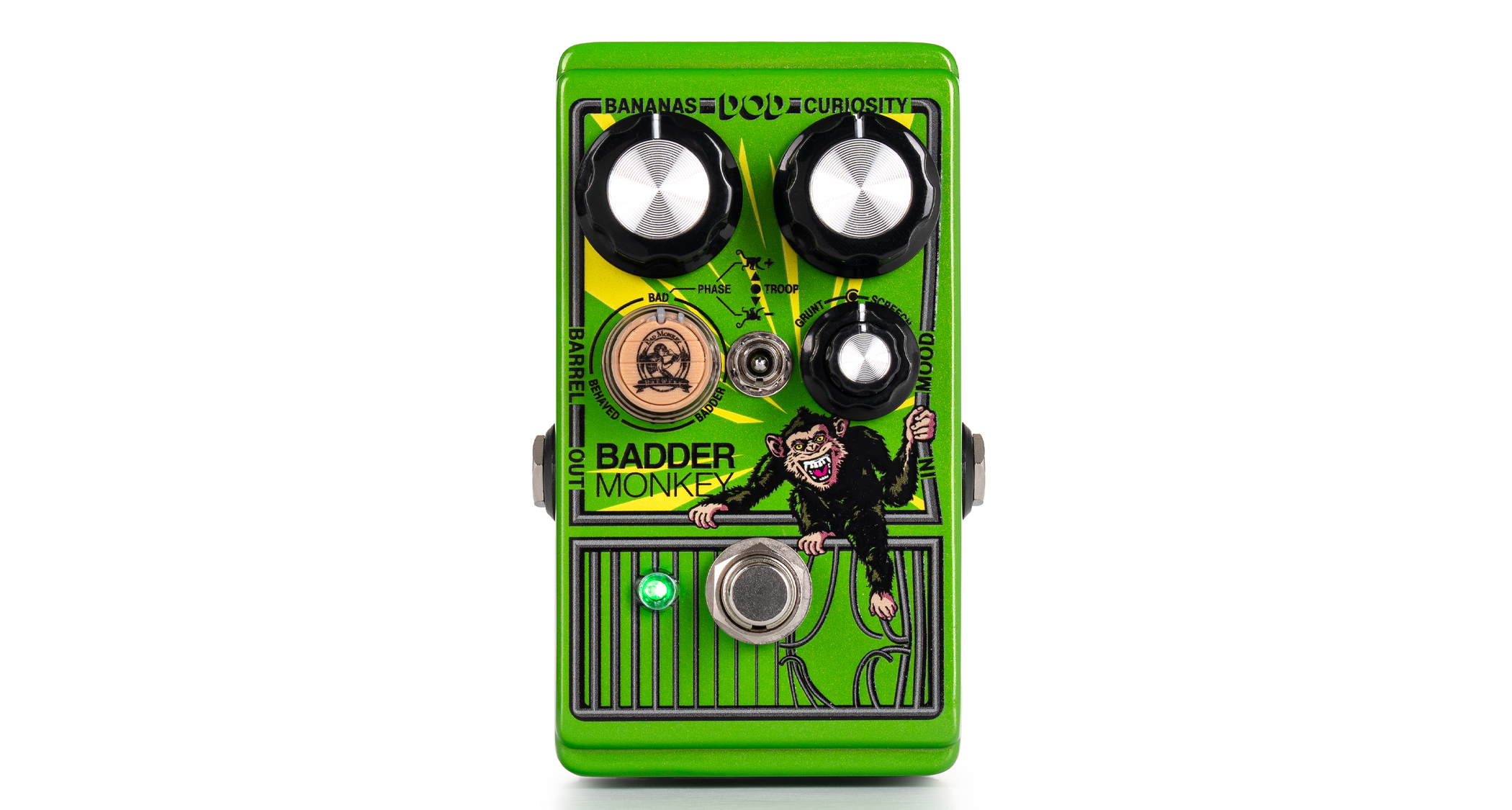 The DOD Badder Monkey is a redux take on the DigiTech Bad Monkey overdrive, but it adds two all-new circuits, plus a wooden barrel knob for blending them. It is painted green and has an illustration of a chimpanzee on the front of the pedal, which is an ape, not a monkey.