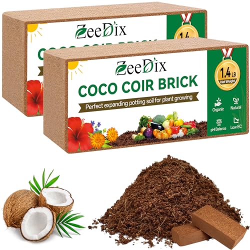 Zeedix 2 Pcs Coco Coir Brick for Plants- 100% Organic Coconut Coir for Garden Soil &amp;amp; Potting Mix, Low Ec and Ph Balance, Compressed Coconut Husk Fiber for Seed Starter Soil for Indoor Outdoor Plants