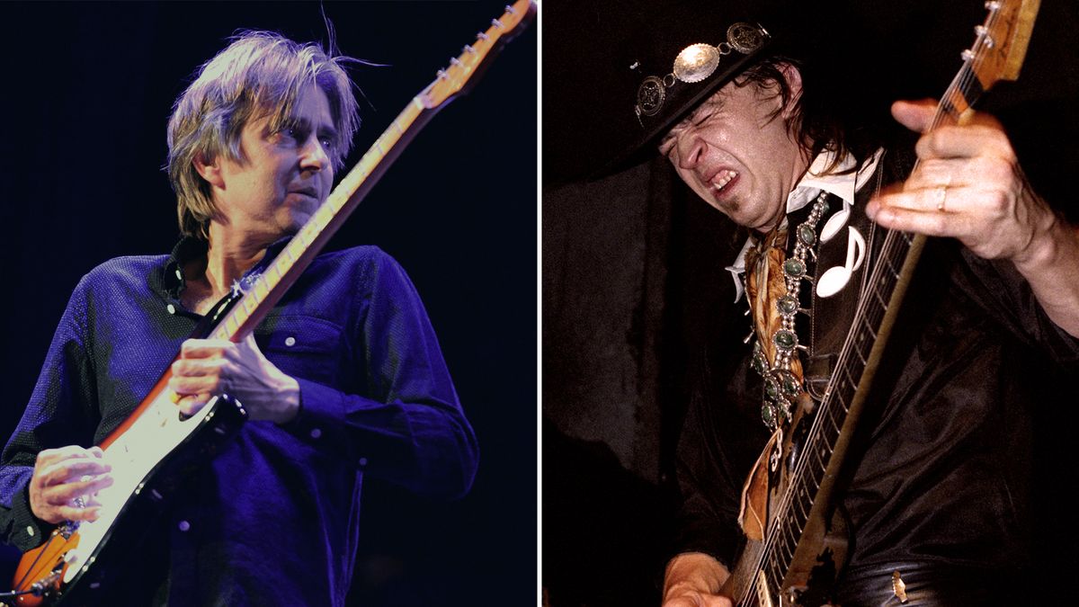 LEFT: Eric Johnson performs on stage at The Canyon Club on January 25, 2015 in Agoura Hills, California. RIGHT: Stevie Ray Vaughan performing at the Keystone Berkeley on August 19, 1983. 