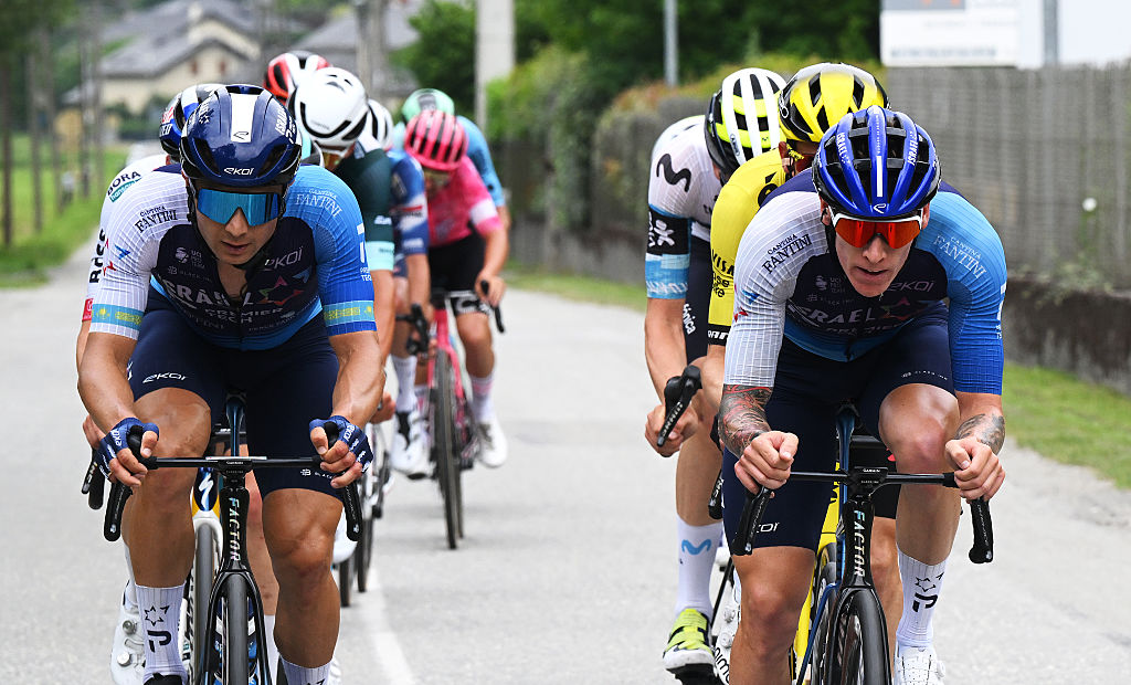 PLATEAU DU MONT-CENIS, FRANCE - JUNE 15: (L-R) Alexey Lutsenko of Kazakhstan and Jake Stewart of Great Britain and Team Israel - Premier Tech compete in the breakaway during the 77th Criterium du Dauphine 2025, Stage 8 a 133.3km stage from Val-d'Arc to Plateau du Mont-Cenis 2095m / #UCIWT / on June 15, 2025 in Plateau du Mont-Cenis, France. (Photo by Dario Belingheri/Getty Images)