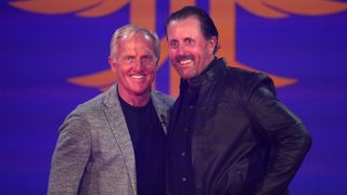 Phil Mickelson and Greg Norman at the draft party for the LIV Golf Invitational London