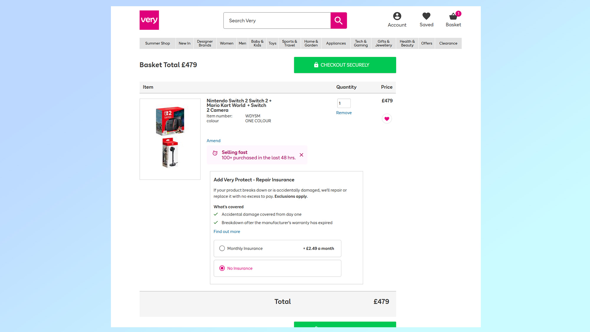 A screenshot showing the Nintendo Switch 2 bundle available to pre-order at UK retailer Very