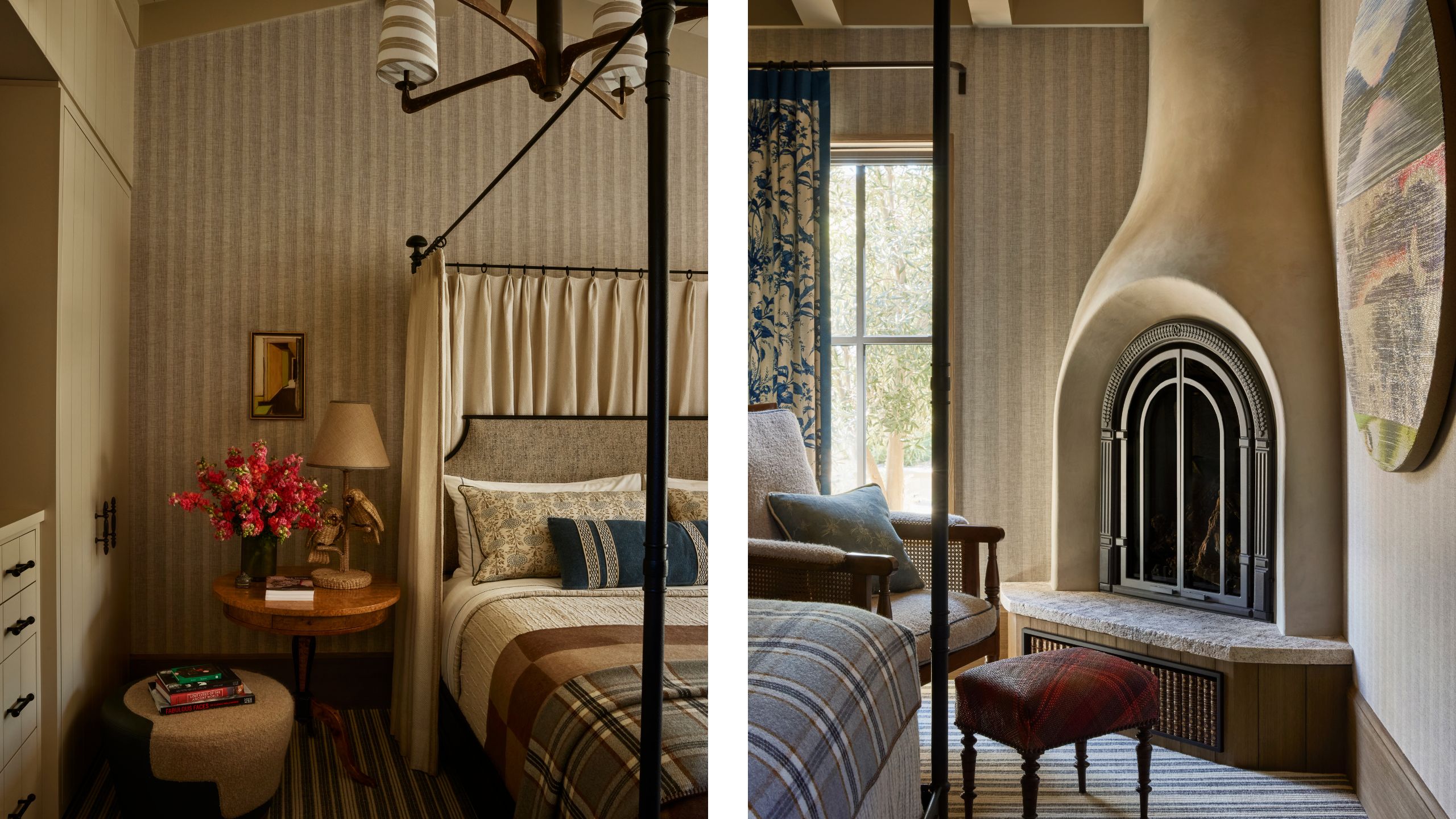 two side by side images of a cozy guest suite with large stone fireplace and canopy bed