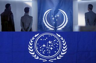 The United Federation of Planets flag from the trailer compared to the one we all know from previous Star Trek TV shows and movies.