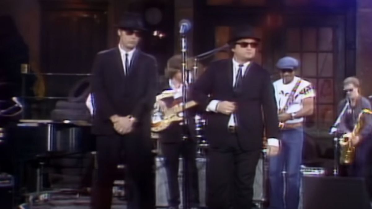 Dan Aykroyd and John Belushi as Jake and Elwood Blues performing on SNL