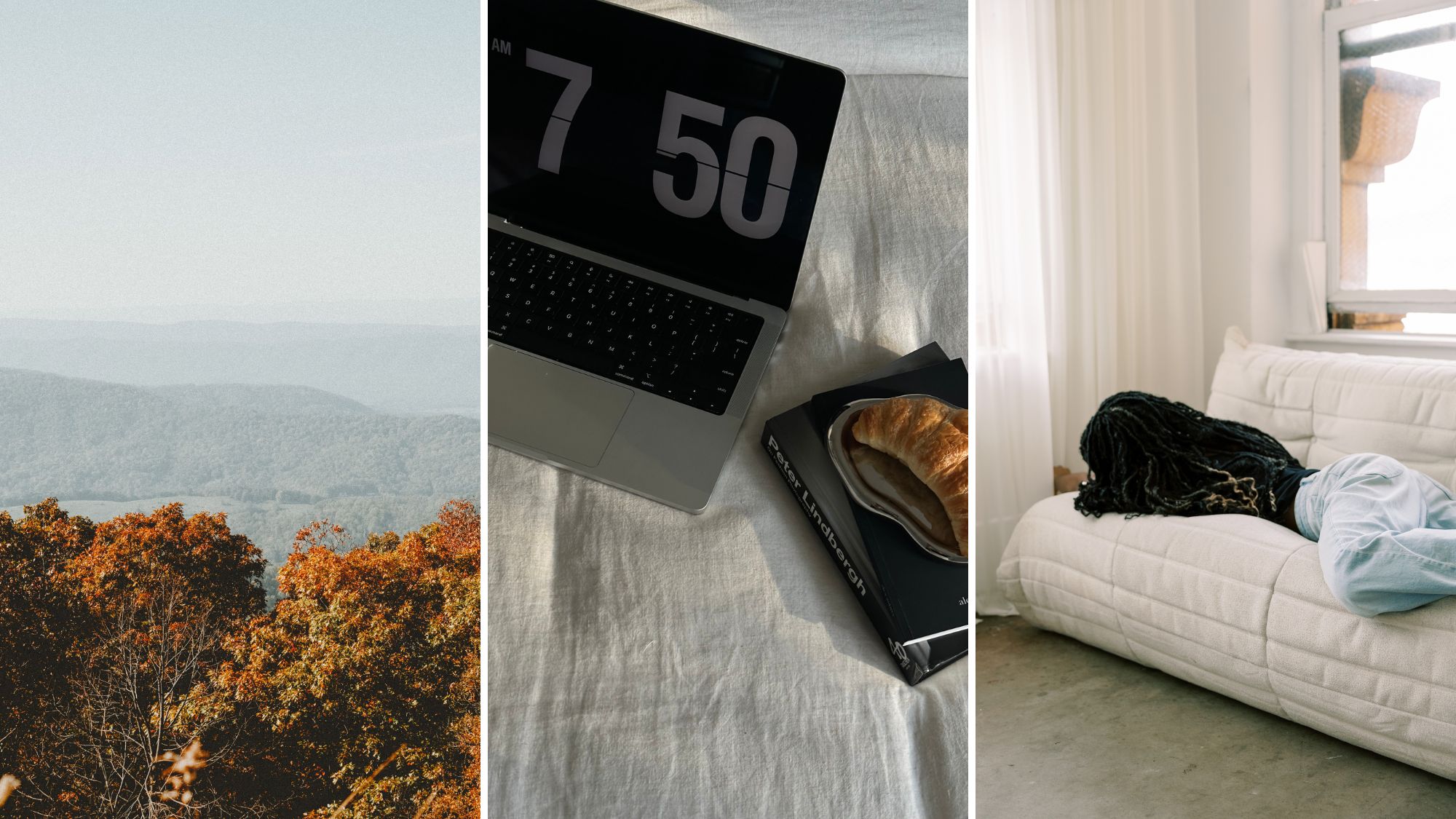 A autumnal winter scene; a laptop with the time; a woman resting.
