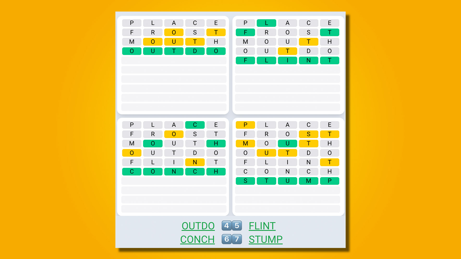Quordle daily sequence answers for game 501 on a yellow background