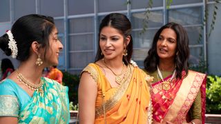 Maitreyi Ramakrishnan as Devi, Richa Moorjani as Kamala and Poorna Jagannathan as Nalini wear saris in Never Have I Ever