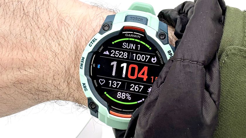Close-up of the Garmin Instinct 3 while snowboarding