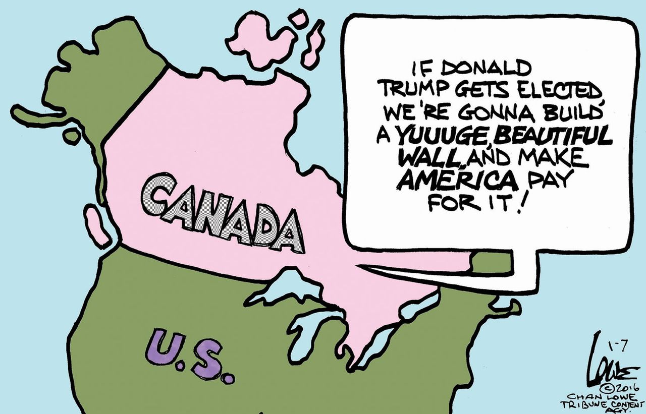 Political cartoon U.S. Canada Donald Trump Wall