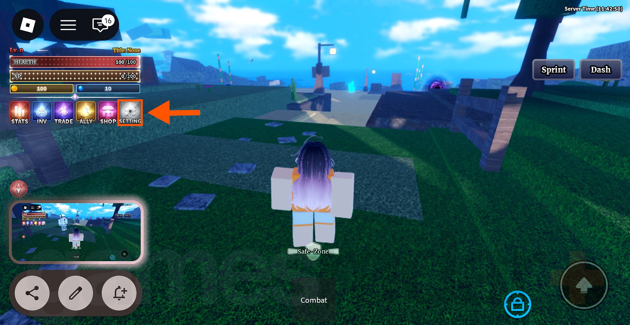 An arrow points to the settings menu in-game where you can redeem Sailor Piece codes.