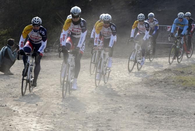 Lotto Belisol riders recon pav&eacute; sectors of Paris-Roubaix