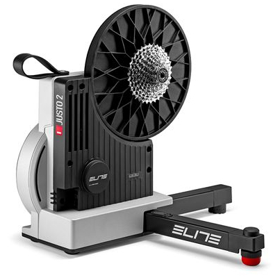 An Elite Justo 2 smart trainer stands on a white background
