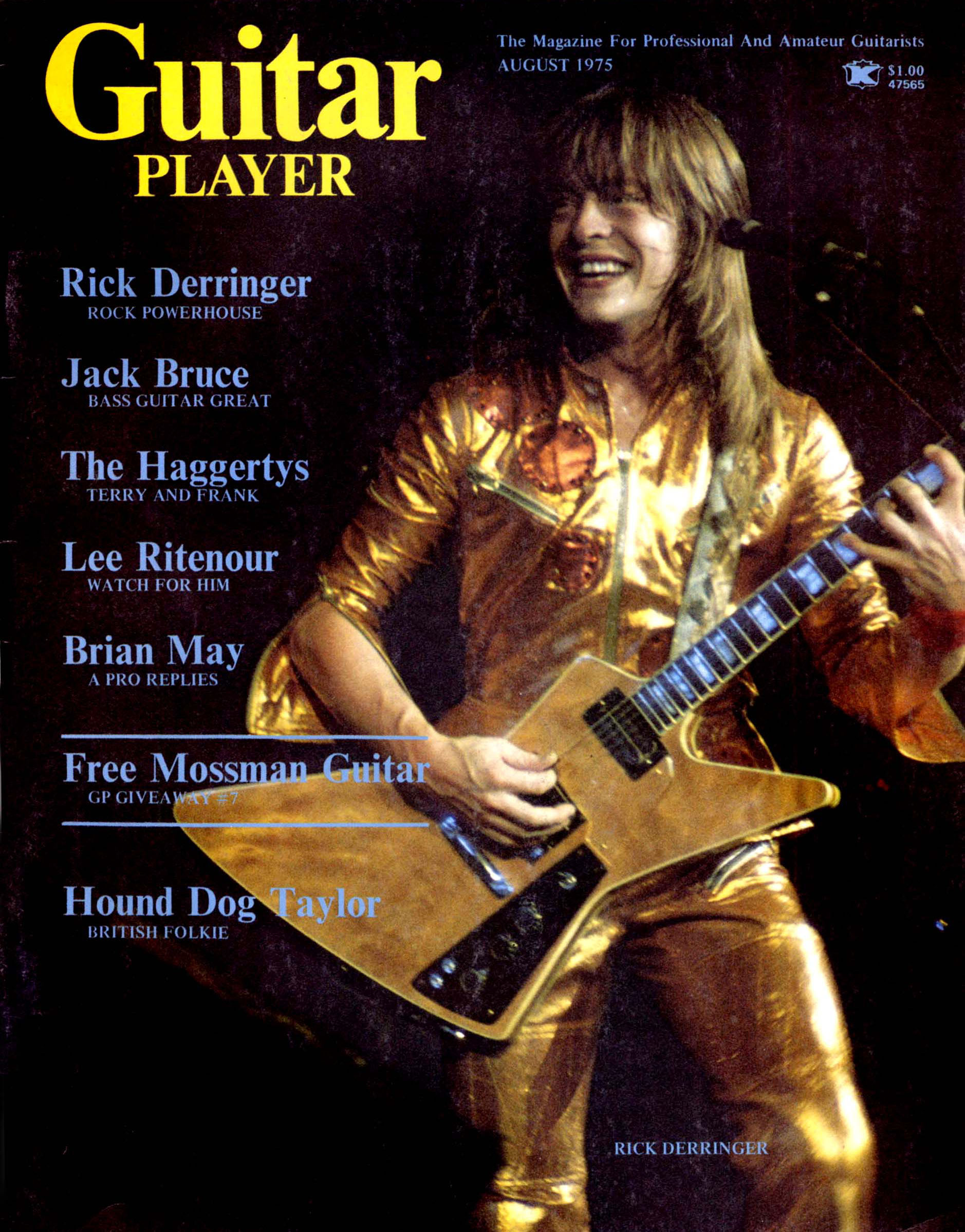 The cover of Guitar Player's August 1975 issue with Rick Derringer on the cover. He's holding his custom Hamer Explorer fitted with DiMarzio Super Distortion pickups.