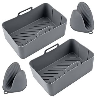 Kitchen Web Silicone Air Fryer Liners - Thicker, Durable 180g, Even Heat Distribution, Grease Separation, Reusable, Compatible W/ Af300uk and Similar Models - 2 Silicone Liners With 2 Gloves (grey)