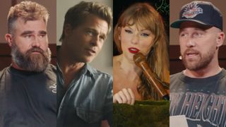 From left to right: Jason Kelce on New Heights, Brad Pitt in F1, Taylor Swift during the Eras Tour and Travis Kelce on new Heights. 