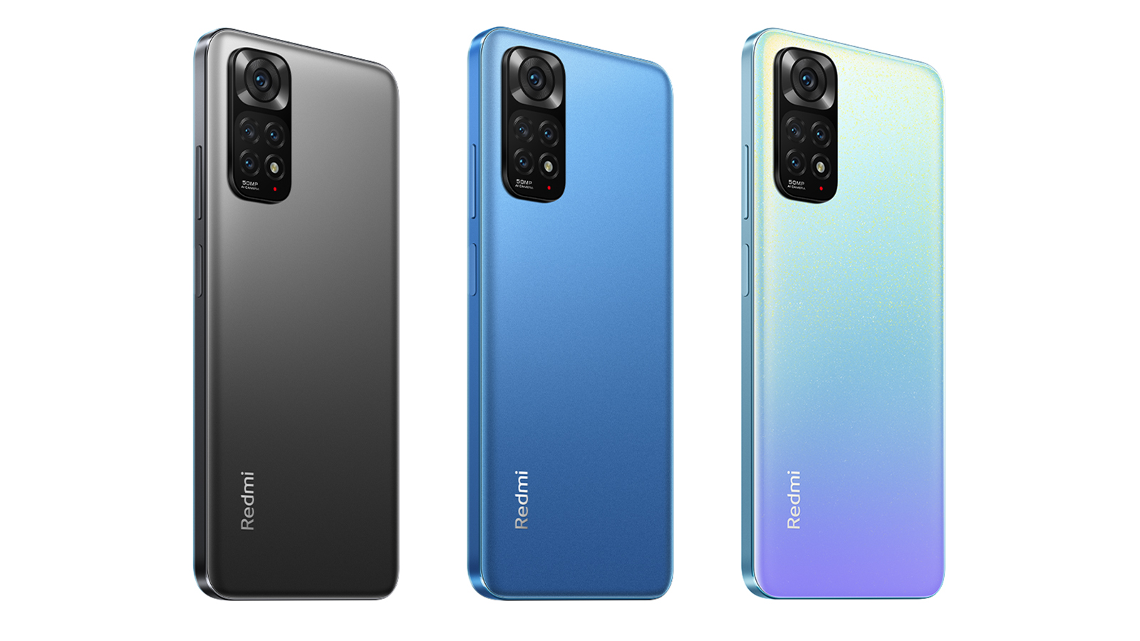 Xiaomi Redmi Note 11 facing away, in three colors.