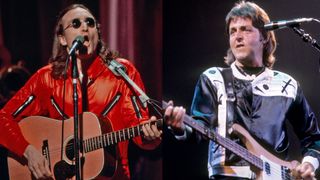 LEFT: New York, NY - 1975: John Lennon performing live in his last public performance on the ABC tv special 'Salute to Sir Lew - The Master Showman' at the Grand Hilton Hotel. RIGHT: Paul McCartney performs live on stage with Wings in Fort Worth, Texas on May 03 1976 