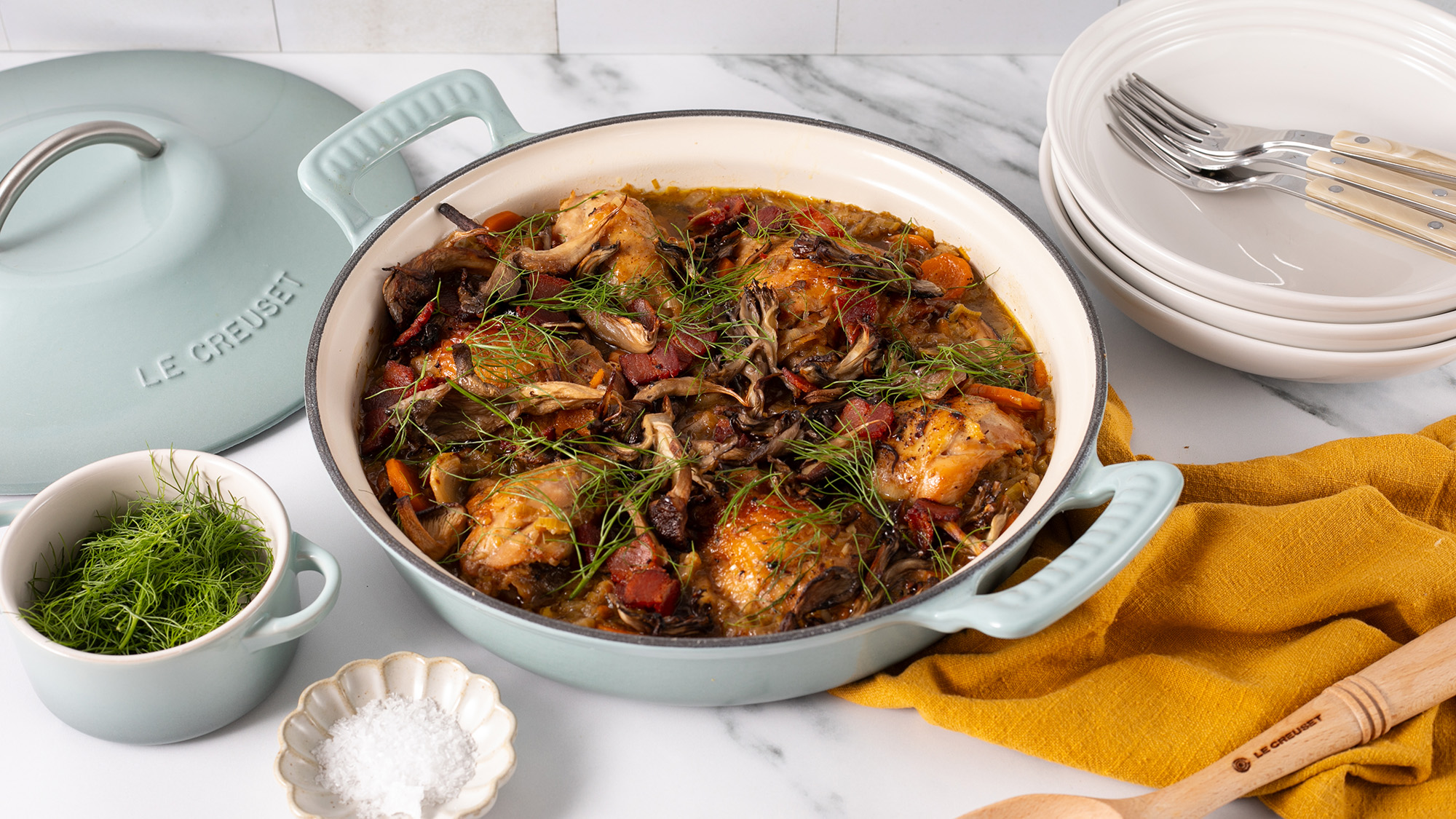 Le Creuset Modern Heritage Collection used to serve a casserole