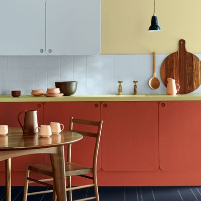 kitchen with colour blocking on cabinets and wall