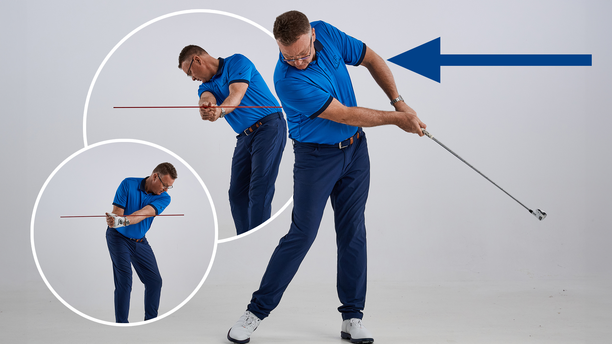 John Jacobs demonstrating the chicken wing fault in the golf swing, with an arrow pointing to highlight, and two inset images of John Jacobs fixing the chicken wing