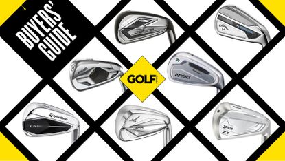 An array of the best distance golf irons on the market in a grid system