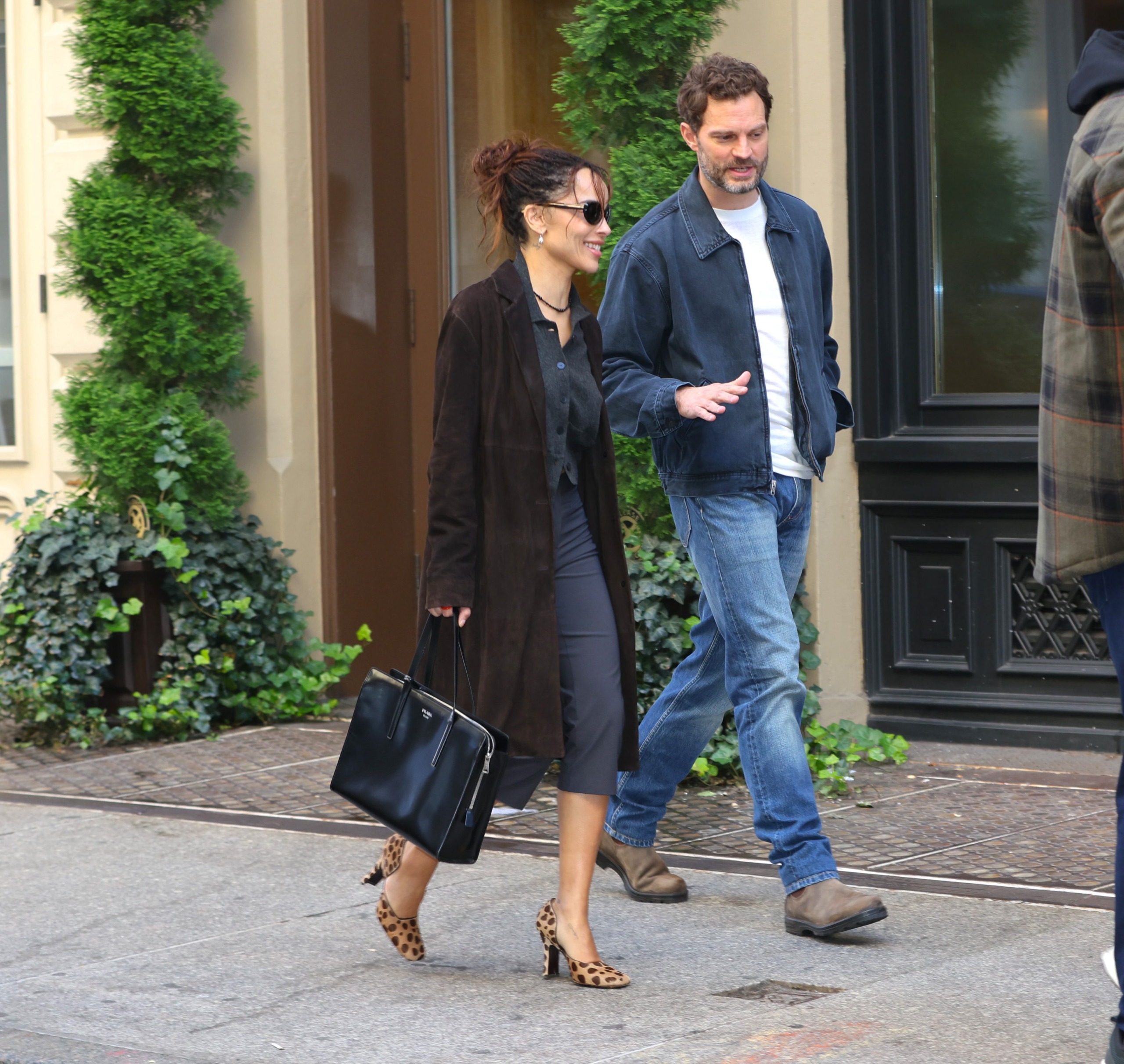 Zoe Kravitz wears leopard print shoes and capri pants to film with Jamie Dornan in New York City