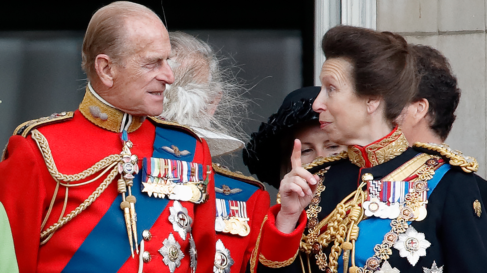 Prince Philip and Princess Anne watch a flypast from the balcony of Buckingham Palace during the annual Trooping the Colour Parade on June 16, 2007
