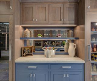 blue and wood toned kitchen