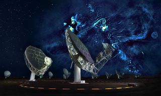 This composite image shows the newly-discovered radio bubbles looming behind the MeerKAT radio telescope array in South Africa. (In reality, you can't see the bubbles with the naked eye.)