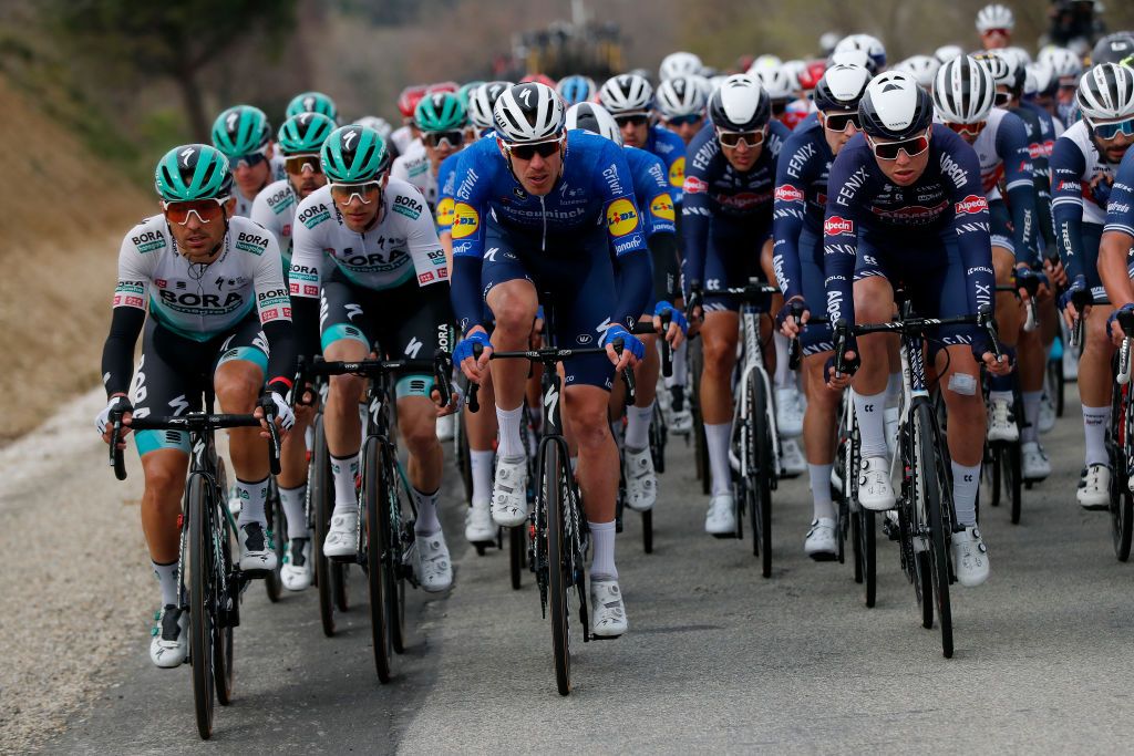 BOLLNE FRANCE MARCH 11 Cesare Benedetti of Italy and Team Bora Hansgrohe Tim Declercq of Belgium and Team Deceuninck QuickStep Senne Leysen of Belgium and Team AlpecinFenix during the 79th Paris Nice 2021 Stage 5 a 200km stage from Vienne to Bollne Peloton ParisNice on March 11 2021 in Bollne France Photo by Bas CzerwinskiGetty Images