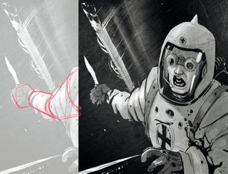 Man in a space suit, outside a space ship, screaming