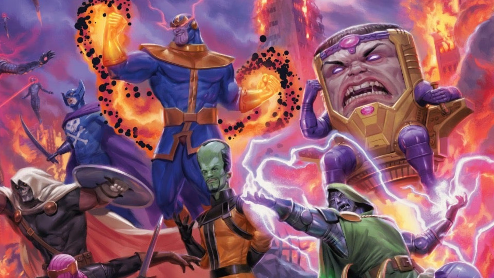 Marvel villains like Doctor Doom, Thanos, The Leader, and MODOK teaming up