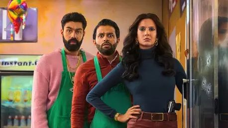 Asif Ali Saagar Shaikh and Poorna Jagannathan stand in line with a convenience store backdrop. Poorna is standing at the front with her arms on her hips in Deli Boys.