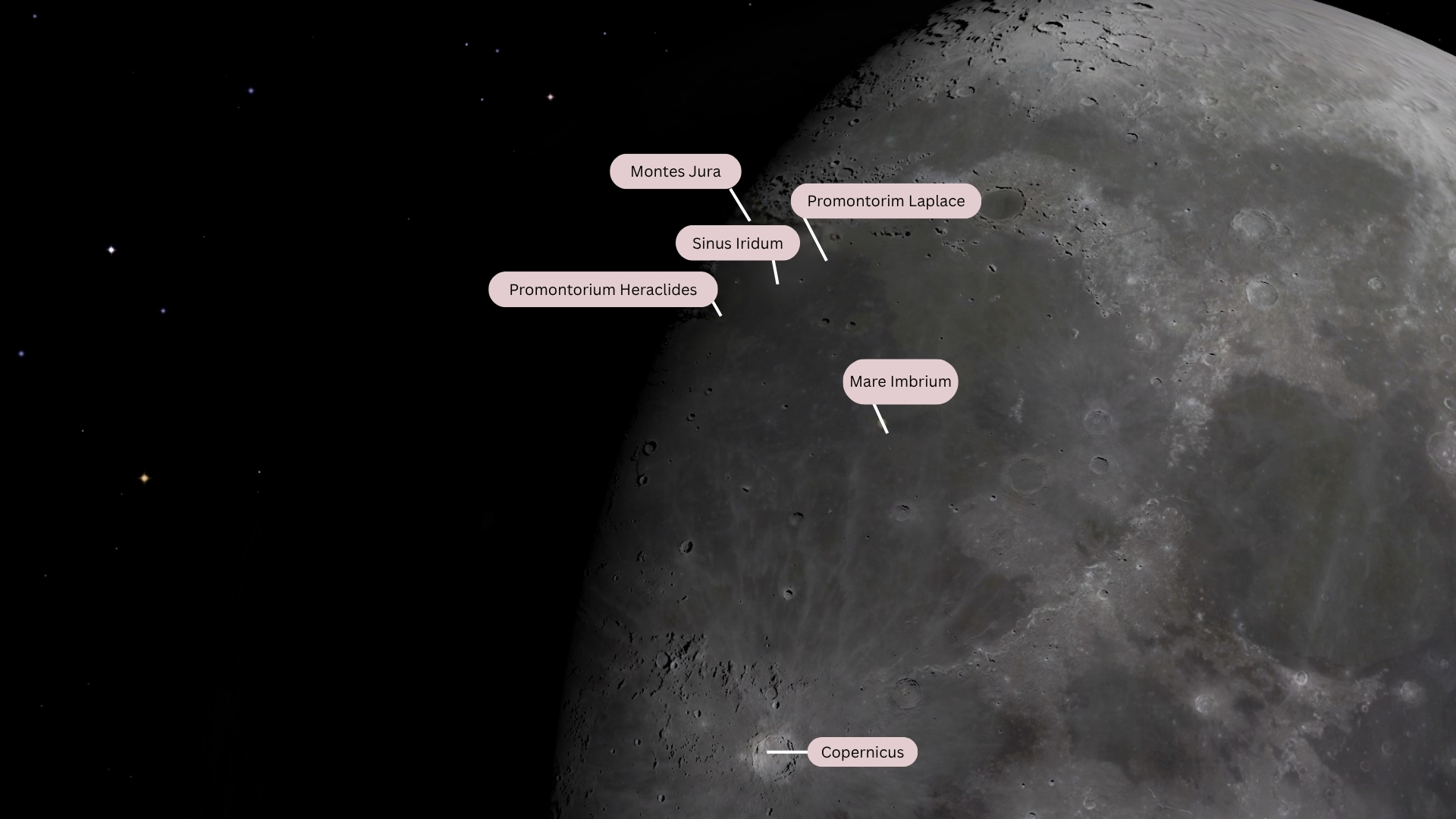 graphic showing the locations of key lunar targets around near to the moon's golden handle.