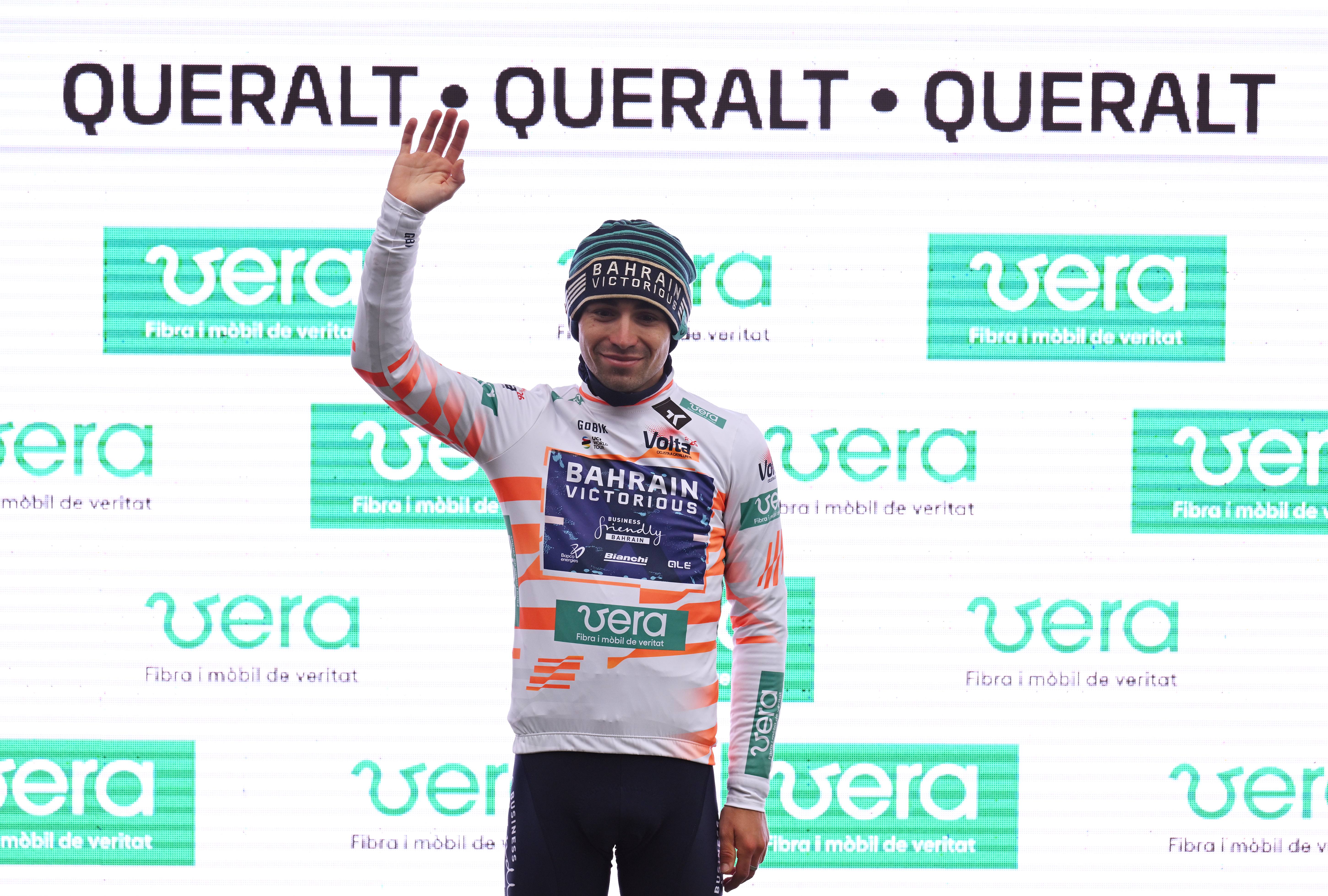 QUERALT, SPAIN - MARCH 28: Lenny Martinez of France and Team Bahrain - Victorious - Orange Best Young Rider Jersey celebrates at podium during the 105th Volta a Catalunya 2026, Stage 6 a 158.2km stage from La Berga to Queralt 1133m / #UCIWT / on March 28, 2026 in Queralt, Spain. (Photo by Szymon Gruchalski/Getty Images)