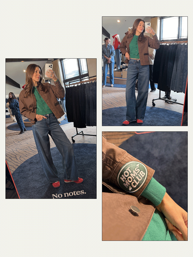 Woman in a green cardigan, blue jeans, and canvas jacket