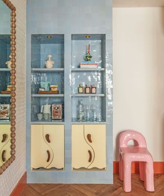 blue zellige tiled shelving for decoration and home bar with retro decor