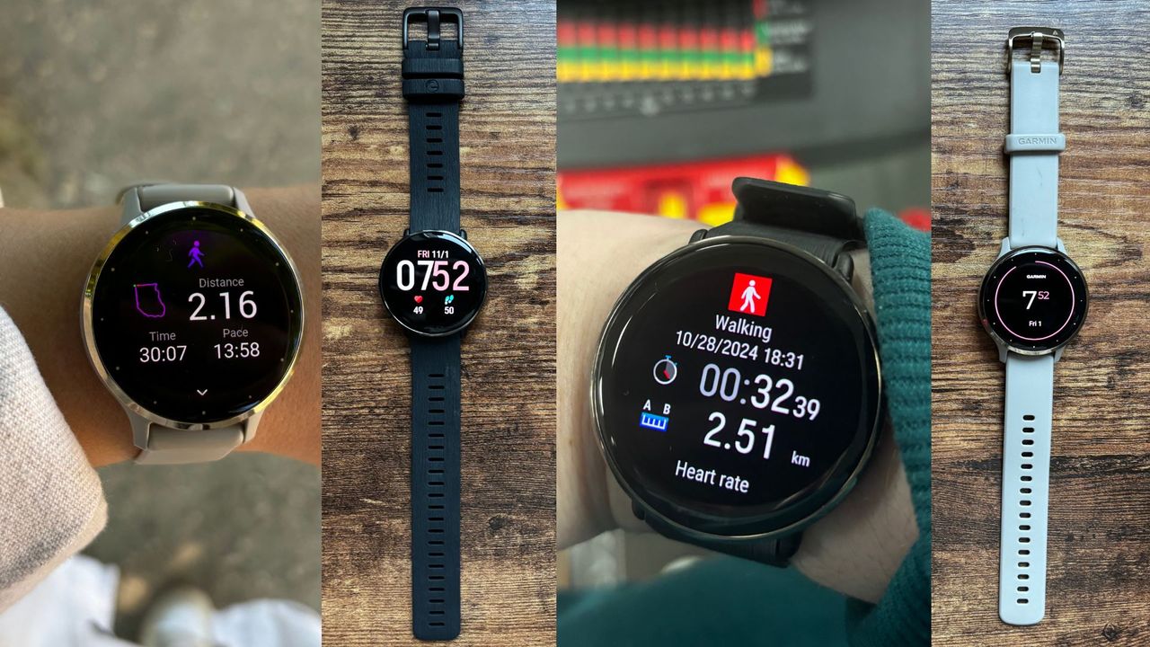 Ciara McGinley wearing the Polar Ignite 3 and the Garmin Venu 3, collage on wrist side by side with fitness trackers on table, representing Garmin vs Polar debate