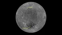 The moon against a dark background. The south pole is pointed out.