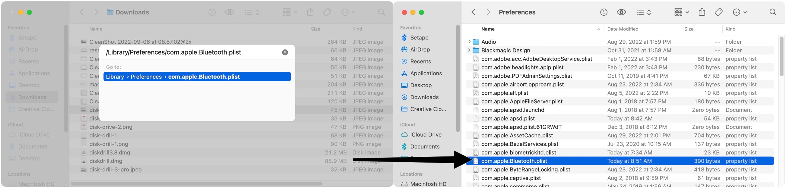 Another solution is to open Finder. Next, click in the menu bar Go > Go to Folder. From there, Type /Library/Preferences/com.apple.Bluetooth.plist. Press Return. Once you do, you'll see the necessary file highlighted.