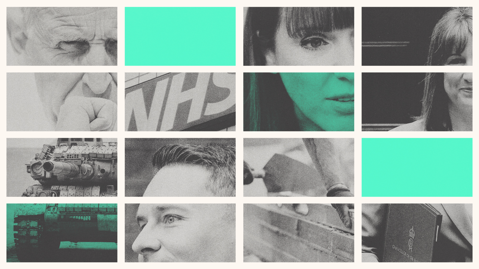 Photo composite of John Healey, Wes Streeting, Angela Rayner and Rachel Reeves alongside images of house building, the NHS and military