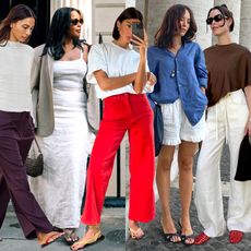 a fashion collage of style influencers wearing the chic sandals trends of 2025 including flip-flips, suede sandals, mule kitten-heels, and jelly sandals