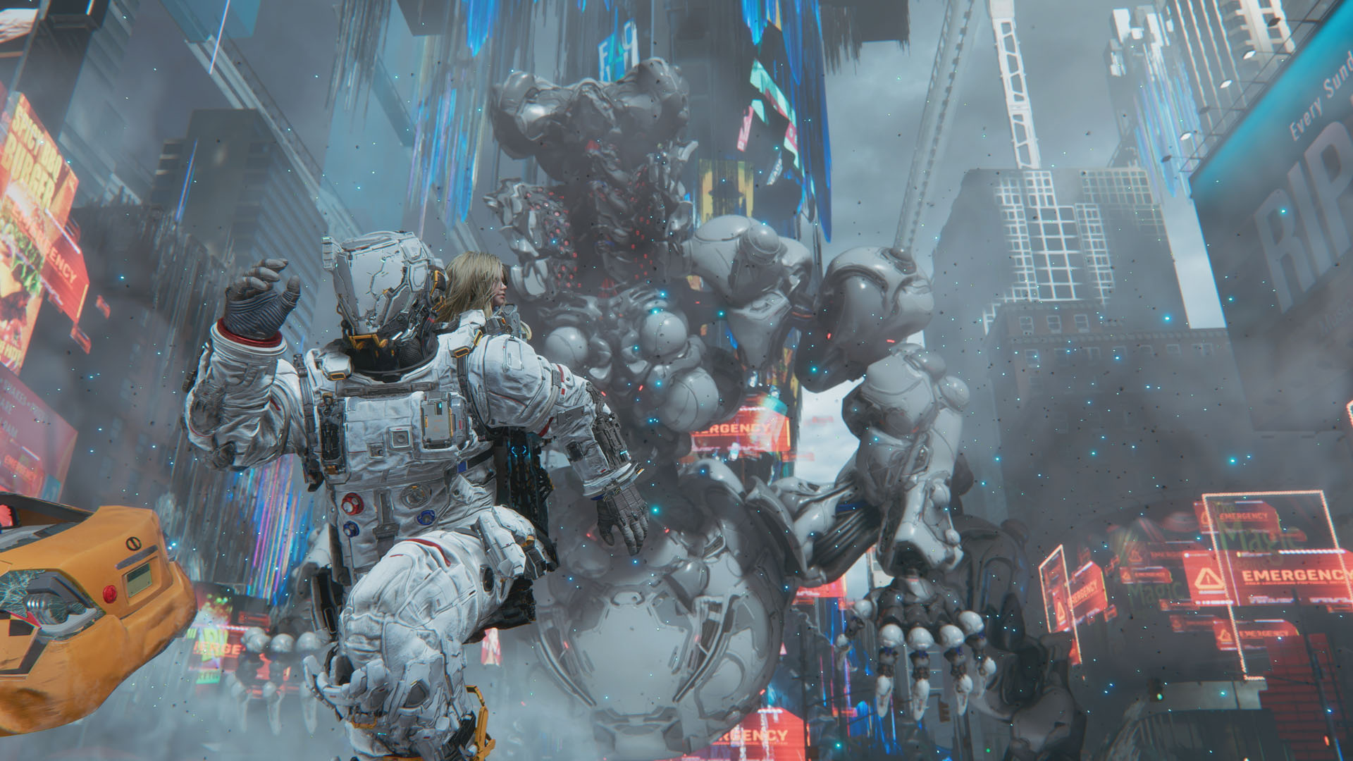 In a Time Square environment, Hugh sprints away from a massive robot with Diana on his back in Pragmata