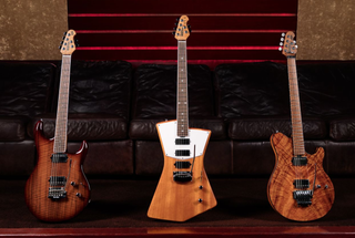 Left to right: Luke III in Claro Walnut, St. Vincent in Light Translucent Gold, and Axis in Natural Koa.