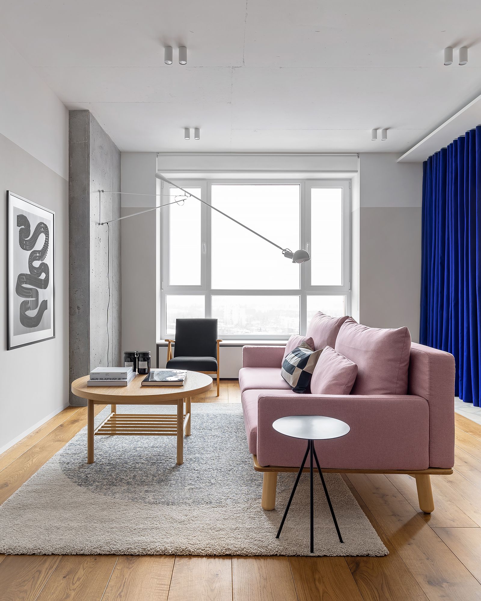 A small living room where a curtain is used to zone the space