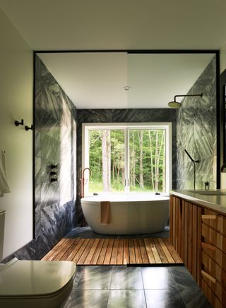 A bathroom with forest view