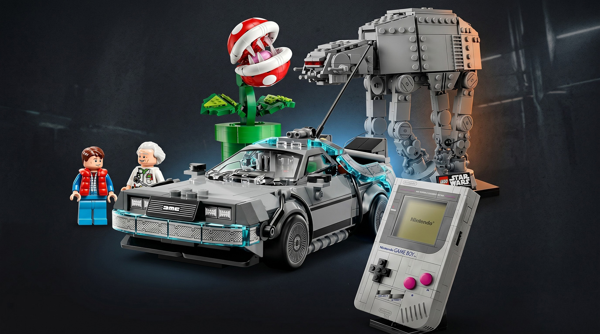 A selection of Lego sets on a dark background.