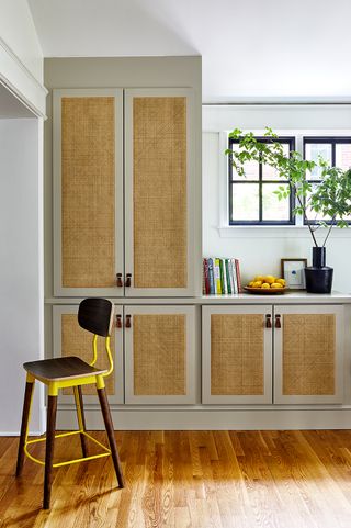 kitchen cabinets with rattan front panels